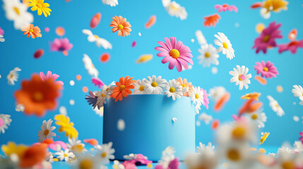 Wall Mural - A vibrant 3D podium surrounded by a shower of colorful daisy petals falling from the sky, set against a bright blue background, adding a cheerful and playful touch.