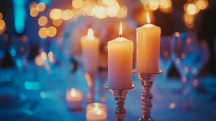 Poster - Romantic candlelit dinner setting with sparkling lights in the background at outdoor venue