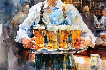 Poster - A man holds a tray of beer in this watercolor illustration