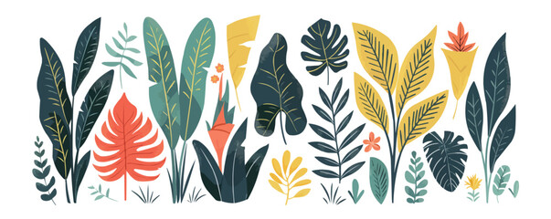 Dense jungle flora collection, Vector flat minimalistic isolated illustration