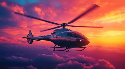 Modern Helicopter Flying Against a Colorful Sunset