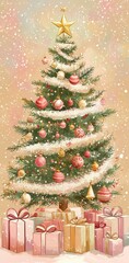 Poster - A decorated Christmas tree with pastel ornaments, colorful gifts, and snowflakes