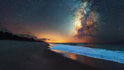 Poster - A serene beach at dusk, where gentle waves crash on the shore under a stunning display of stars and the Milky Way.
