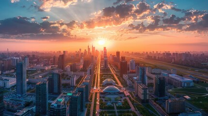 Poster - Aerial view of a city during sunset, with buildings and skyscrapers lit up by the golden light