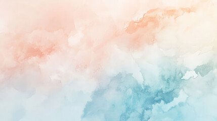 Poster - Subtle pastel watercolor abstract background with soft blends of blush pink, baby blue, and light peach, evoking a dreamy, ethereal atmosphere.