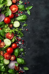 Wall Mural - Fresh vegetable mix with tomatoes, cucumbers, onions, and leafy greens on a gray countertop