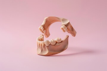 Sticker - A detailed model of a human jaw with teeth on a pink background, suitable for medical or educational purposes