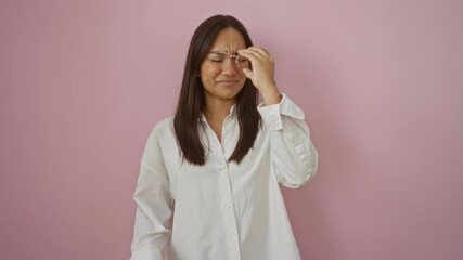 Poster - Woman rubbing her eyes and holding glasses while standing in front of pink wall looking tired or frustrated