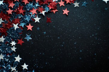 Wall Mural - Colorful stars in red, white, and blue decorate a dark background for a festive occasion