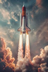 Wall Mural - spacecraft blasting off from launchpad with fire and smoke