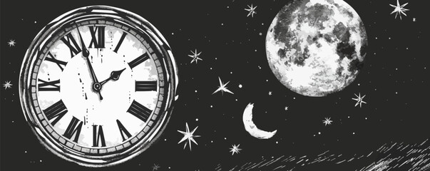 Wall Mural - Clock striking midnight sketch engraving vector illustration. Scratch board imitation. Black and white image. Vector illustration