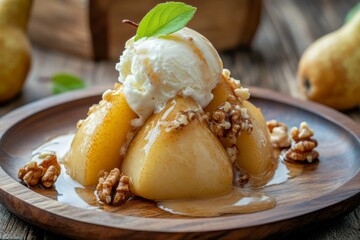 On wooden table, baked pears with nuts, ice cream and honey are placed close-up on a wooden surface.