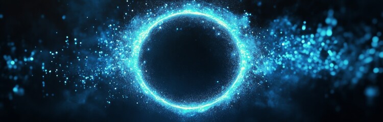 Wall Mural - Bright blue glittering energy circle against a black background with glowing particles in space