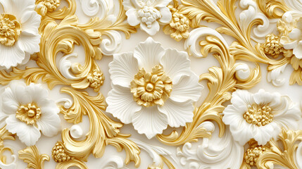 Wall Mural - Elegant Rococo floral relief design with white and gold embellishments on a smooth background