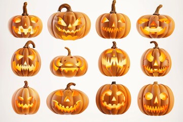 Canvas Print - A group of carved pumpkins with different face designs, perfect for Halloween decorations or autumnal themes