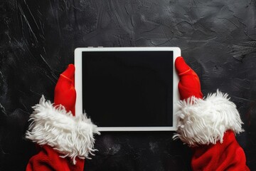 Wall Mural - A person wearing bright red gloves is working on a tablet computer, focused on the screen