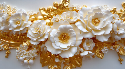 Wall Mural - Elegant Rococo white and gold floral relief with intricate designs and delicate details