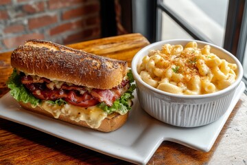 Canvas Print - Macaroni and cheese sit beside a bacon, lettuce, tomato BLT sandwich