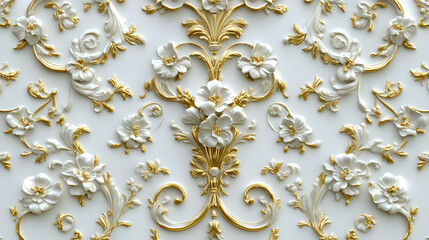 Wall Mural - Intricate Rococo floral relief design in white and gold enhancing a luxurious interior space