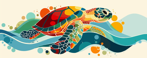 Cute turtle with a colorful shell and ocean waves, marine life, vector illustration for t-shirt, flat style.