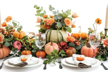 Wall Mural - Table setting with autumnal elements, featuring pumpkins, flowers, and candles