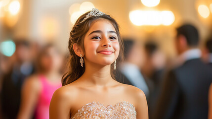 A 15th Birthday Celebration with a young girl wearing a beautiful gown, surrounded by family and friends in a grand hall. The event features a religious ceremony followed by a rece