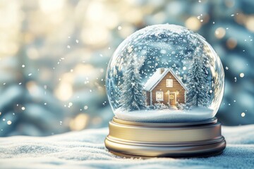 Canvas Print - With a snowfall winter background and a house on a snow globe for Christmas.