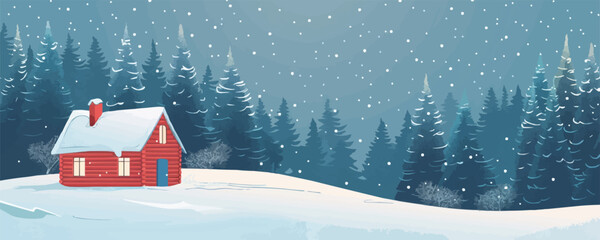 Wall Mural - A snow-covered forest glen with a cozy log cabin nestled among the evergreens. Vector flat minimalistic isolated illustration.