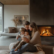 © Martin - Couple with child hugging in front of fireplace in modern living room