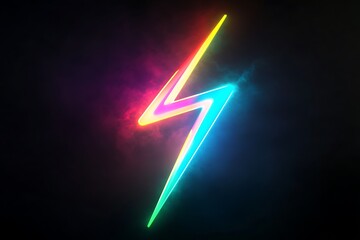 Wall Mural - Neon Lightning Bolt Symbol with Rainbow Colors on Black Background