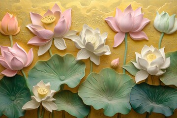 Wall Mural - Details of lotus flowers at various stages of bloom are depicted in watercolor.