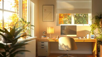 Aufkleber - A well-lit home office features a wooden desk with a computer, a cozy chair, and decor enhanced by golden autumn light filtered through windows and lush plants.