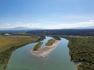 Wall Mural - Scenic Aerial View of Lush River Landscape in British Columbia, Canada Under a Clear Blue Sky