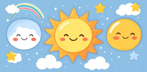 The drawing features a rainbow, wind, and tornado along with cartoon clouds, suns, and moons with smiley or angry faces. The drawings include doodle sketches of rainbows, suns, and moons.