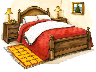 Wall Mural - Cozy Christmas bedroom interior with a warm red blanket and festive decorations in winter