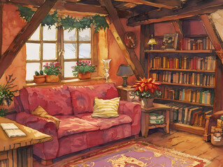 Wall Mural - Cozy Christmas interior with a warm sofa, bookshelves, and holiday decorations in a rustic setting