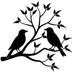 Wall Mural - a minimalist silhouette of birds perched on a leafless tree branch