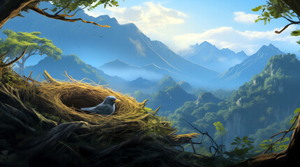 A bird's nest, a bird sitting in a nest, against a background of rocky high mountains and a green forest