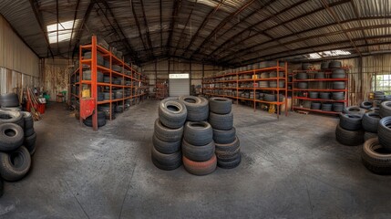 An industrial warehouse packed with tires awaiting order from customers,