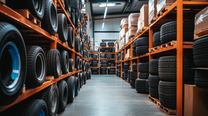 There are tires packed in an industrial warehouse awaiting purchase by customers,