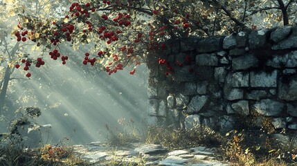 Canvas Print - Sunbeams Through the Trees and a Stone Wall