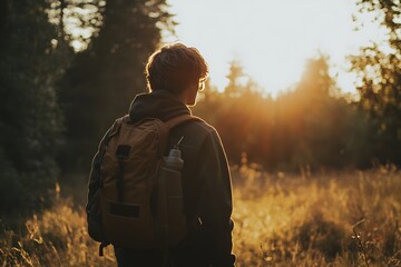 Canvas Print - Silhouette of a hiker in a forest with sunset behind