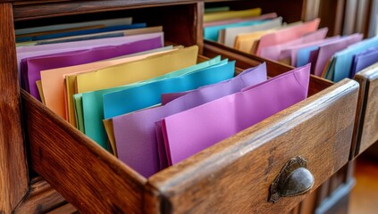 Wall Mural - An open file cabinet drawer containing a variety of colored folders containing paperwork