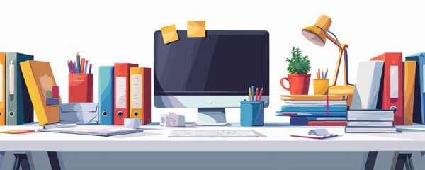 Office desk with stationery items and paperwork on a plain white backdrop. Vector flat isolated illustration.