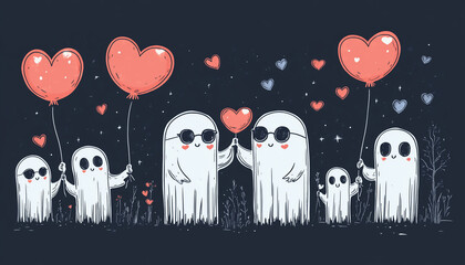 family or class with big and small ghosts  with red ballons and hearts on a black background. Halloween or Valentine's day theme