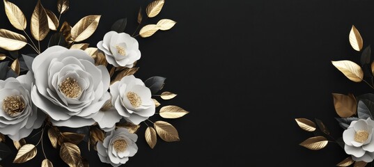 Beautiful white and golden flowers on a black background. A gorgeous white, golden and black background.