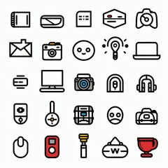 Professional And Minimalist Icons, Entertainment, Line art, flat, 2d, black and white, white background stylize 50