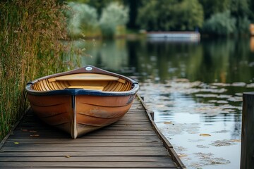 Poster - Rowboat on a wooden dock at a calm lake with a blurry background of green trees.  Perfect for peaceful and relaxing travel content