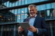 © BOTAHRY DEX - Focused successful mature Indian or Latin entrepreneur businessman holding digital pc tablet standing outdoor at business office building. Hispanic smiling man in suit working using touchpad computer