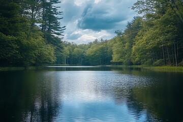 Wall Mural - Serene Lake in Lush Green Forest with Dramatic Cloudy Sky